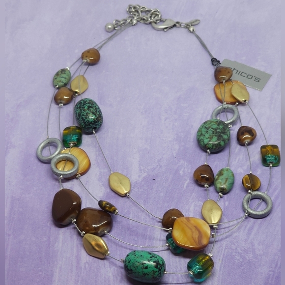 Chico's Multi Strand Silver Tone Brown & Green Beaded Necklace - Picture 2 of 7